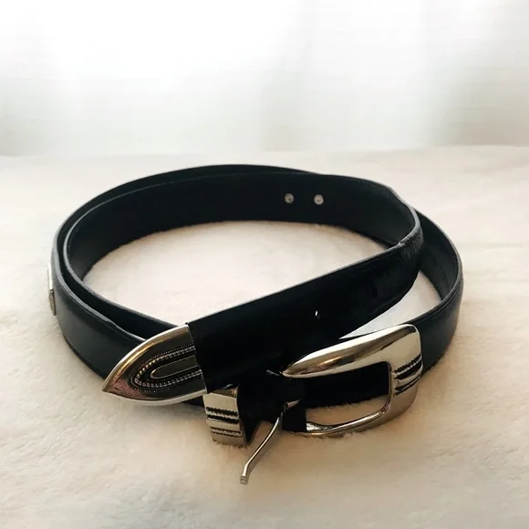 NWT // Black Leather Belt with Silver Accents NWT Express Faux Leather Black Belt Western Silver Etched  main image 3